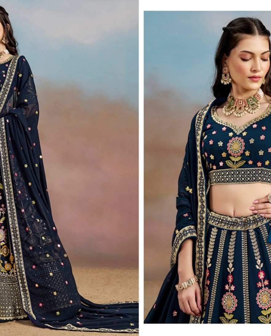 6008-BLUE - Stunning blue Thread Work Georgette Engagement Wear Lehenga With Blouse